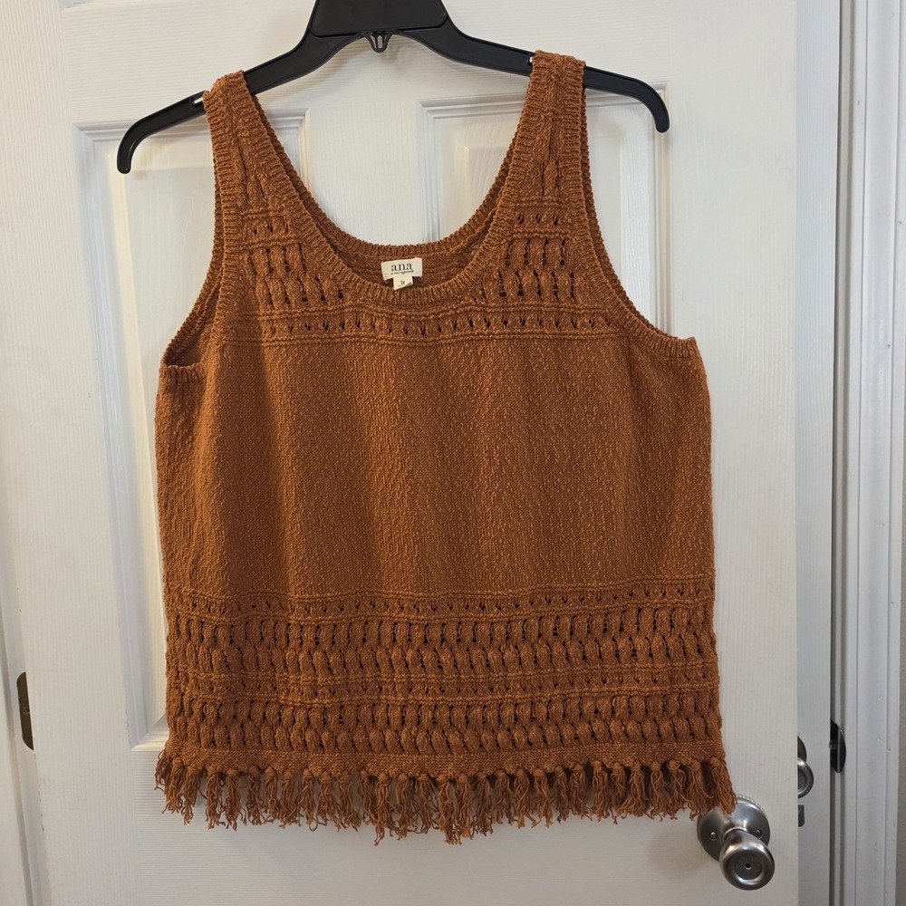 a.n.a.‎ sz 1X crochet knit tank blouse rust brown tasseled boho festival peasant